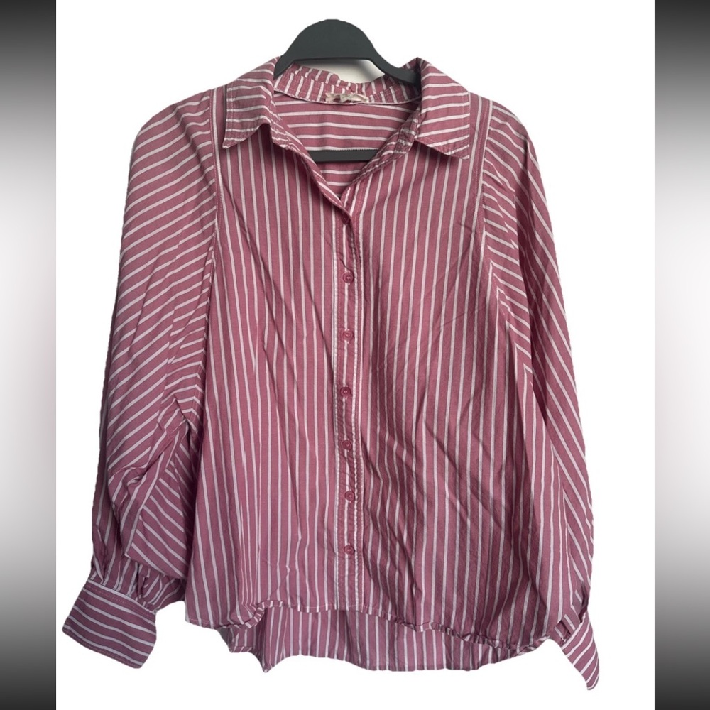 Striped Pink and White Button-Up Shirt Small
